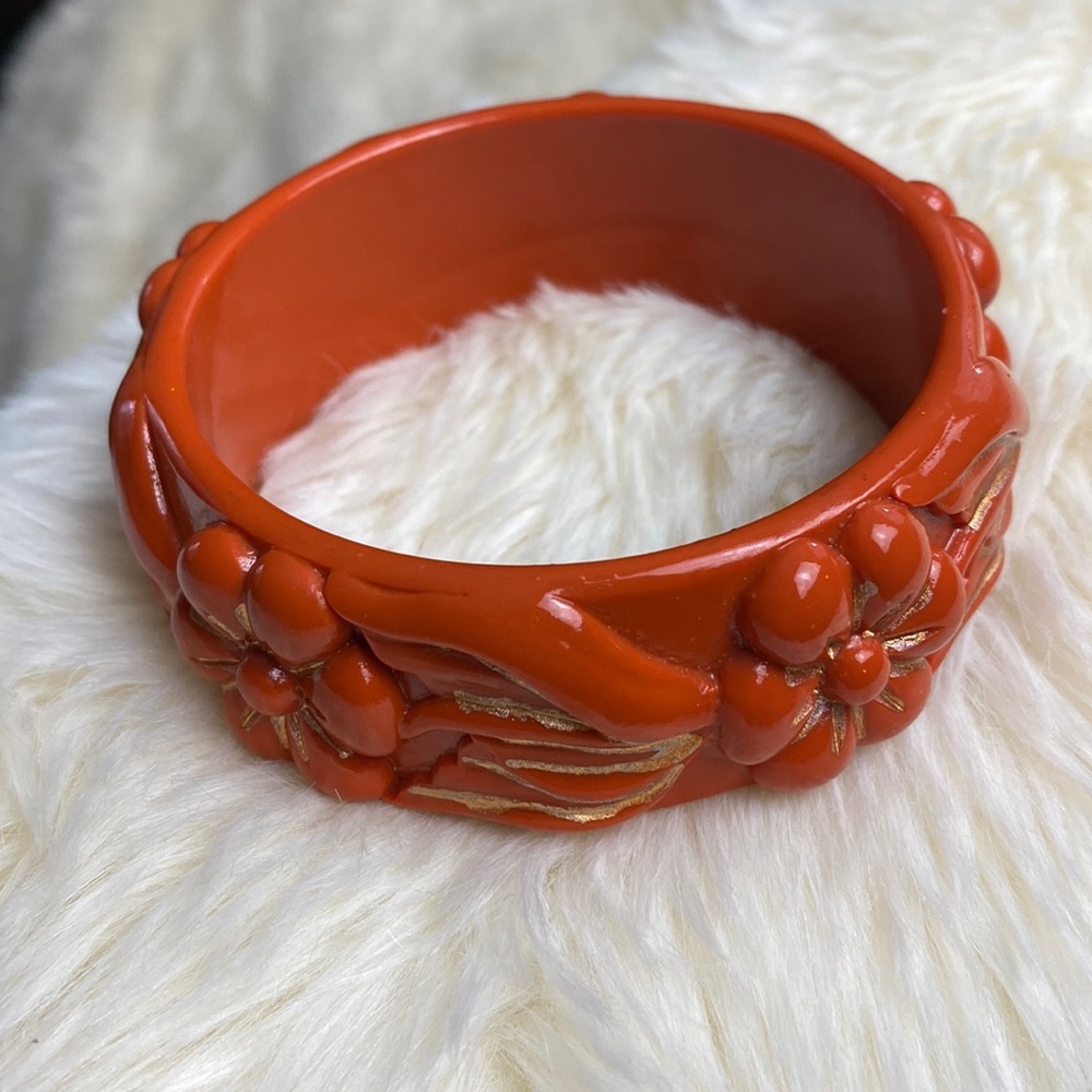 Vintage Floral Plastic Bracelet, Orange & Gold